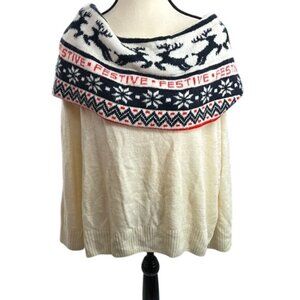 H&M Holiday Sweater Womens Size L Cream Cowl Neck Festive Reindeer Snowflake